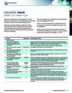 Country: Spain Score: 73.7 | Rank: 11/24 Spain has comprehensive privacy legislation in place, although it relies heavily on a data registration process that could act as a barrier for cloud computing services. Spain has