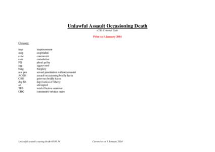 Unlawful Assault Occasioning Death s 281 Criminal Code Prior to 1 January 2014 Glossary: imp