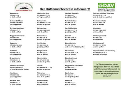 Der Hüttenwirteverein informiert! Blaueishütte