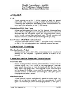 Monthly Progress Report – May 2003 Gas Over Bitumen Technical Solution Industry & Government Collaboration Artificial Lift E-Lift