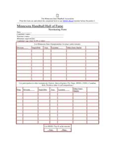 The Minnesota State Handball Association Print this form out and submit the completed form to any MSHA Board member before December 1. Minnesota Handball Hall of Fame Nominating Form Date: ___________