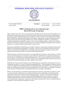 FEDERAL HOUSING FINANCE AGENCY  STATEMENT For Immediate Release July 6, 2010