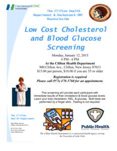 The Clifton Health Department & Hackensack UMC Mountainside Low Cost Cholesterol and Blood Glucose