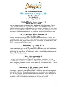 Lake Tahoe Shakespeare Festival’s  Midsummer Camps 2014 Lake Tahoe School 995 Tahoe Blvd Incline Village NV 89451