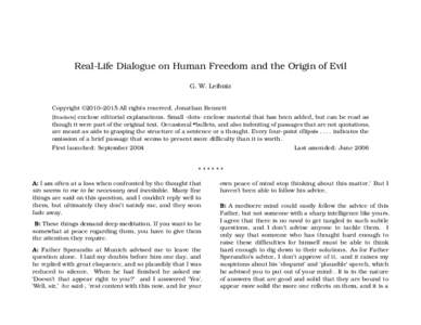 Real-Life Dialogue on Human Freedom and the Origin of Evil G. W. Leibniz Copyright ©2010–2015 All rights reserved. Jonathan Bennett [Brackets] enclose editorial explanations. Small ·dots· enclose material that has b
