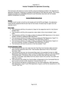 Appendix 13  Invoice Template for Specimen Screening The Contractor will submit an invoice monthly using the template provided in this Appendix for Specimen Screening. Following is a sample invoice filled out with data a