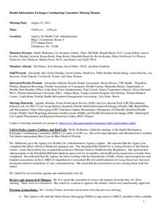 Health Information Exchange Coordinating Committee Meeting Minutes  Meeting Date: August 15, 2014