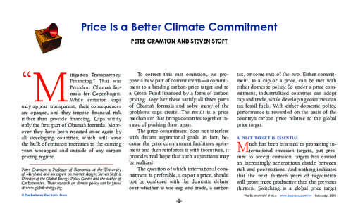 Price Is a Better Climate Commitment Peter Cramton and Steven Stoft “M  itigation. Transparency.