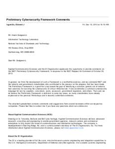 Preliminary  Cybersecurity  Framework Comments  Isganitis,   Edward  J   Fri,   Dec    13,   2013   at   10:15   AM