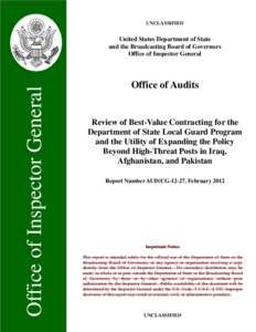 Review of Best-Value Contracting for the Department of State Local Guard Program and the Utility of Expanding the Policy Beyond High-Threat Posts in Iraq, Afghanistan, and Pakistan