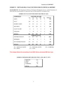 Current as of: [removed]SUBJECT: VIETNAM-ERA UNACCOUNTED FOR STATISTICAL REPORT BACKGROUND: The Department of Defense, Washington Headquarters Service, and the Department of State report the current numbers of America