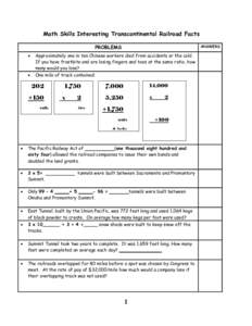 Math Skills Interesting Transcontinental Railroad Facts ANSWERS PROBLEMS •