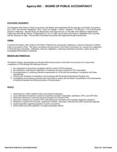 Agency[removed]BOARD OF PUBLIC ACCOUNTANCY  STATUTORY AUTHORITY: The Nebraska State Board of Public Accountancy (the Board) was established with the passage of the Public Accountancy Act in 1957, last revised in September 