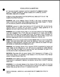 RESOLUTION NUMBER 895 BY THE ADA COUNTY HIGHWAY DISTRICT BOARD OF COMMISSIONERS CAROL A MCKEE SHERRY R HUBER REBECCA W ARNOLD JOHN S  FRANDEN AND SARA M BAKER