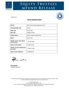    16 April 2015 Monthly Redemption Report  mFund