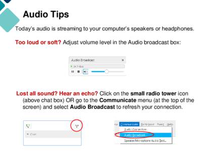 Audio Tips Today’s audio is streaming to your computer’s speakers or headphones. Too loud or soft? Adjust volume level in the Audio broadcast box: Lost all sound? Hear an echo? Click on the small radio tower icon (ab