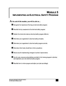 MODULE 5 IMPLEMENTING AN ELECTRICAL SAFETY PROGRAM At the end of this module, you will be able to… Recognize the importance of having an electrical safety program. Describe the key components of an electrical safety pr