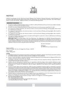 NOTICE NOTICE is hereby given that the 19th Annual General Meeting of the Members of Gateway Distriparks Limited (Company) will be held on Friday, 27th September 2013 at Silver Jubilee Hall, Second floor, Navi Mumbai Sports Association, Near MGM Hospital,