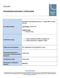 29 July[removed]RJC Certification Information – F.Hinds Limited