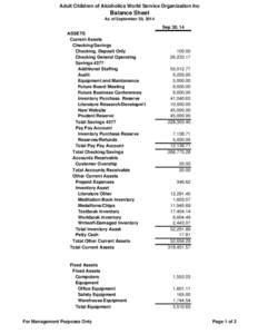 Adult Children of Alcoholics World Service Organization Inc  Balance Sheet As of September 30, 2014  Sep 30, 14