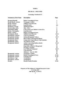 INDEX HEADSAL - HOLYOKE Genealogy Notebook #27 Surname(s), First Name  Description