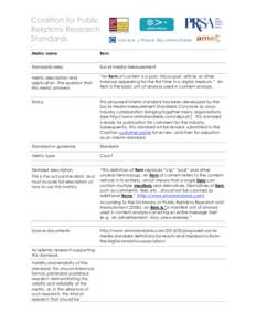 Coalition for Public Relations Research Standards Metric name  Item