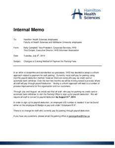 Internal Memo To: Hamilton Health Sciences employees Faculty of Health Sciences and McMaster University employees