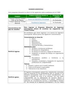 INGENIERO AEROESPACIAL Este programa educativo se ofrece en las siguientes sedes académicas de la UABC: Campus Campus Tijuana, Unidad Valle de las Palmas Campus Mexicali, Unidad