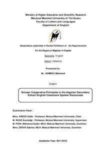 Ministry of Higher Education and Scientific Research Mouloud Mammeri University of Tizi-Ouzou Faculty of Letters and Languages