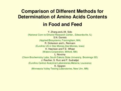 Comparison of Different Methods for Determination of Amino Acids Contents in Food and Feed Y. Zhang and J.M. Sido (National Corn-to-Ethanol Research Center,, Edwardsville, IL) S.N. Daniels