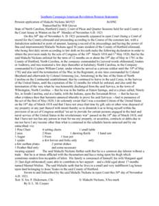 Southern Campaign American Revolution Pension Statements Pension application of Malachi Nickens S41925 fn10NC Transcribed by Will Graves State of North Carolina, Hertford County: Court of Pleas and Quarter Sessions held 