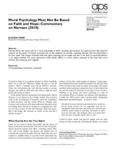 Moral Psychology Must Not Be Based on Faith and Hope: Commentary on Narvaez[removed]Perspectives on Psychological Science[removed]