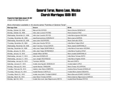 General Teran, Nuevo Leon, Mexico Church Marriages[removed]Prepared by Crispin Rendon January 29, 2012 [removed] More information available in 16 volume series 