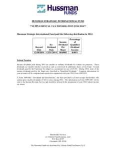 HUSSMAN STRATEGIC INTERNATIONAL FUND **SUPPLEMENTAL TAX INFORMATION FOR 2014** Hussman Strategic International Fund paid the following distribution in 2014: Percentage Income of