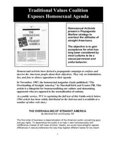 Traditional Values Coalition Exposes Homosexual Agenda Homosexual Activists present a Propaganda Warfare strategy to overhaul the attitudes of