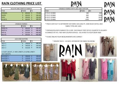 RA!N CLOTHING PRICE LIST ITEM DRESSES PANTS TOPS JECKETS