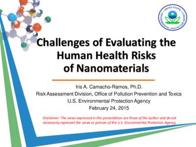 Challenges of Evaluating the Human Health Risks of Nanomaterials Iris A. Camacho-Ramos, Ph.D. Risk Assessment Division, Office of Pollution Prevention and Toxics U.S. Environmental Protection Agency