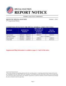 SPECIAL ELECTION  REPORT NOTICE FEDERAL ELECTION COMMISSION  KENTUCKY SPECIAL ELECTION