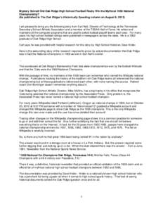 Mystery Solved! Did Oak Ridge High School Football Really Win the Mythical 1958 National Championship? (As published in The Oak Ridger’s Historically Speaking column on August 6, 2013) I am pleased to bring you the fol