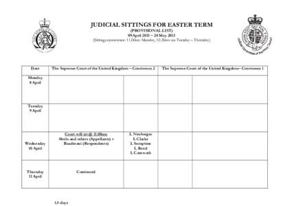 Easter Term 2013 Judicial Sittings - The Supreme Court