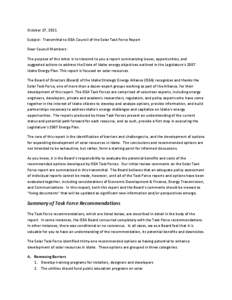 October 27, 2011 Subject: Transmittal to ISEA Council of the Solar Task Force Report Dear Council Members: The purpose of this letter is to transmit to you a report summarizing issues, opportunities, and suggested action