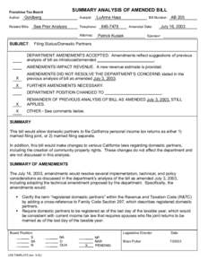 SUMMARY ANALYSIS OF AMENDED BILL  Franchise Tax Board Author:  Goldberg