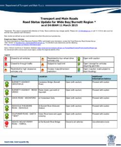 Transport and Main Roads Road Status Update for Wide Bay/Burnett Region * as at 04:00AM 11 March 2015 *Disclaimer: This report is prepared daily Monday to Friday. Road conditions may change rapidly. Please visit[removed]q