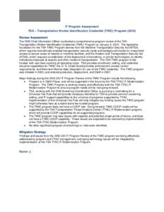 IT Program Assessment TSA – Transportation Worker Identification Credential (TWIC) Program (2010)