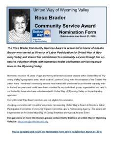 United Way of Wyoming Valley  Rose Brader Community Service Award Nomination Form (Submissions due March 31, 2016)