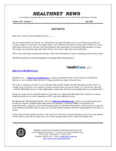 HEALTHNET NEWS A newsletter for public librarians and others interested in consumer health information services Volume XXV Number 3  Fall 2010