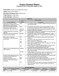 Project Closeout Report Presented to the IT Committee August 16, 2011 Project Name: Student Loan Replacement Project Agency: Bank of North Dakota Business Unit/Program Area: Student Loans Project Sponsor: Shirley Glass