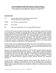 Vermont Mental Health Performance Indicator Project Agency of Human Services, Department of Health, Division of Mental Health Weeks Building, 103 South Main Street, Waterbury, VT[removed]MEMORANDUM TO: