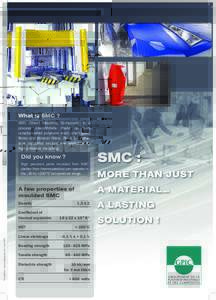 What is SMC ? SMC (Sheet Moulding Compound) is a process intermediate made up from unsaturarated polyester resin, short glass ﬁbres and mineral ﬁllers. Parts for numerous industrial sectors are produced by high press