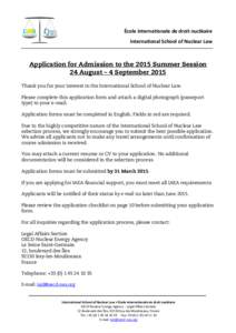 École internationale de droit nucléaire / International School of Nuclear Law - Application for Admission to the 2014 Summer Session - 25 August – 5 September 2014